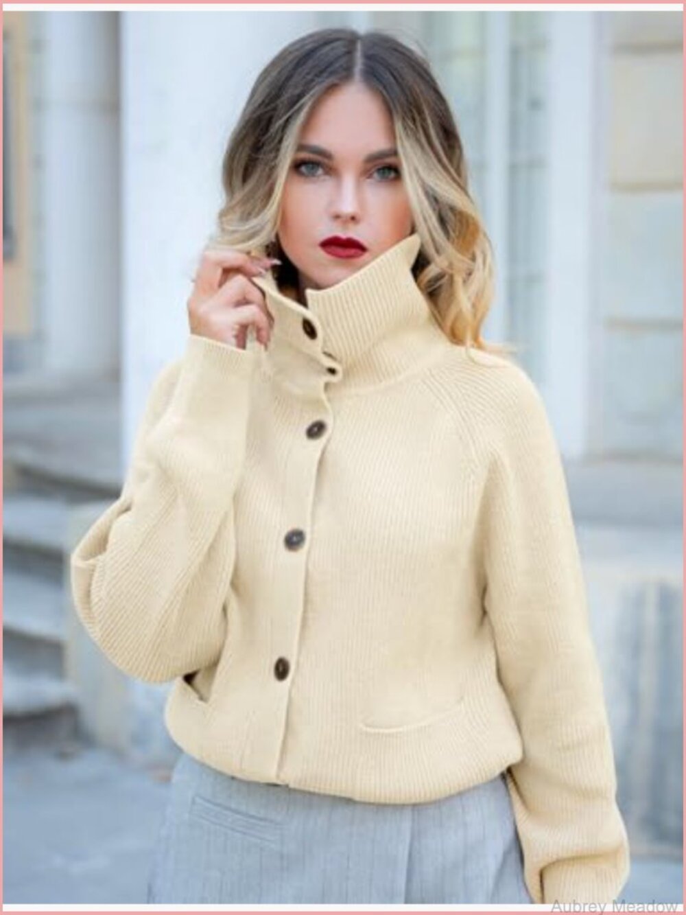 Chunky Mock Neck Cardigan Sweater Long Sleeve Button Down Fall Winter Knit Coat - Picture 3 of 7